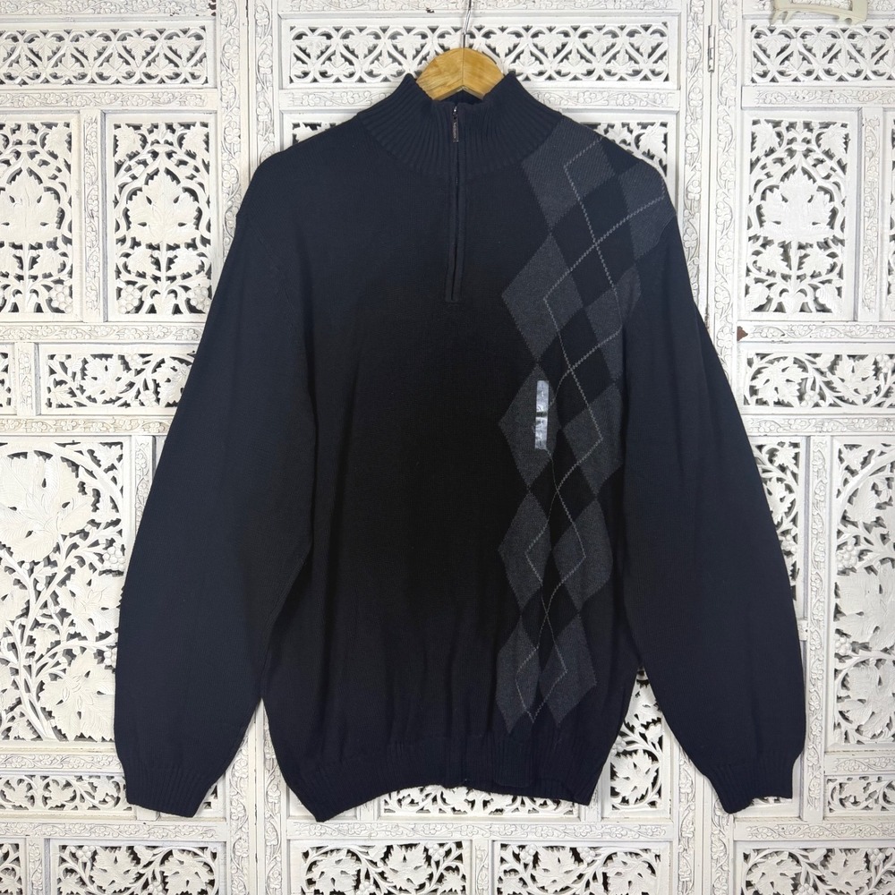 NWT Van Heusen Black Quarter Zip Argyle Diamond Sweater‎ Sz Mens Large Preppy